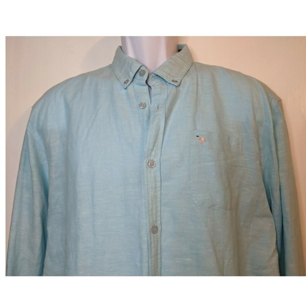 Mens Pastel Blue Linen Long Sleeve Shirt Sz L Flamingo NEW Artistry in Motion - Picture 4 of 9